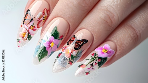 Artfully Embellished Spring-Themed Nails with Butterflies and Blossoms on White Background