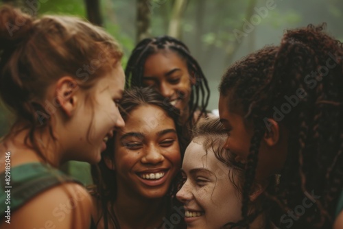 Group of friends having fun together in the forest. Young people having fun outdoors.