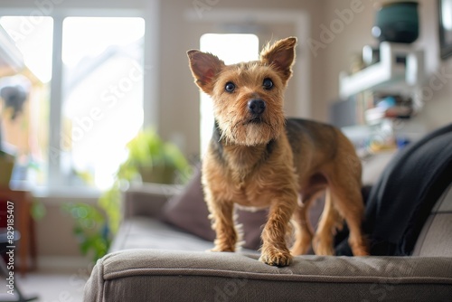 Curious Welsh Terrier on couch gazes at camera photo