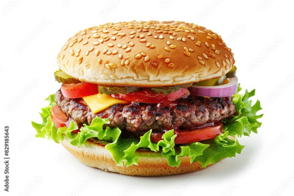 Delicious Burguer Isolated on white background - generative ai Delicious Burguer Isolated on white background - generative ai