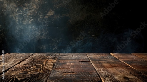 Wood table with abstract dark background featuring wooden pattern plates ideal for decorating tablecloth website or design concepts © Emin