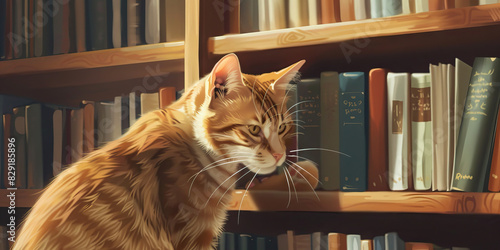 A curious cat explores its new surroundings, sniffing around every nook and cranny of the cozy bookshelf