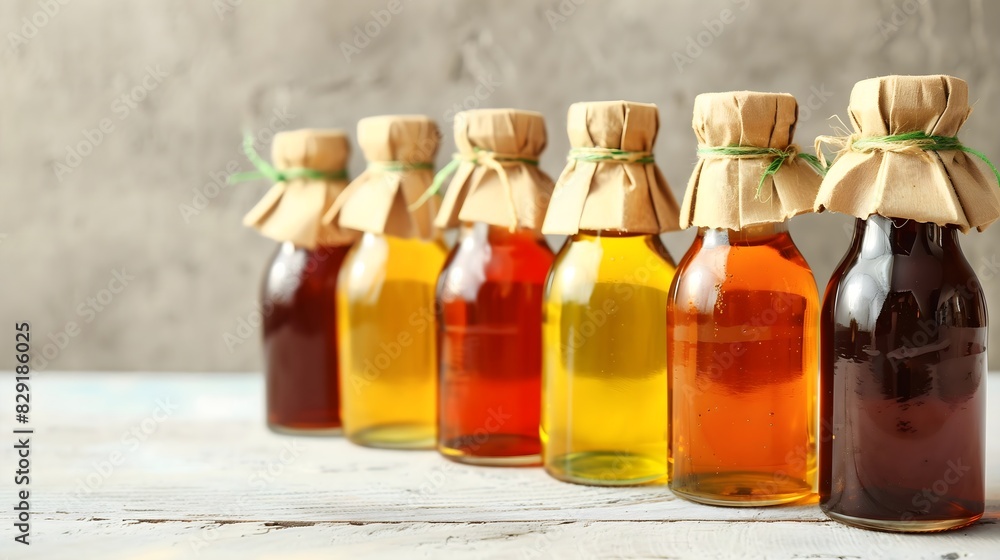 bottles of honeys on wooden table bottles of honeys on wooden table