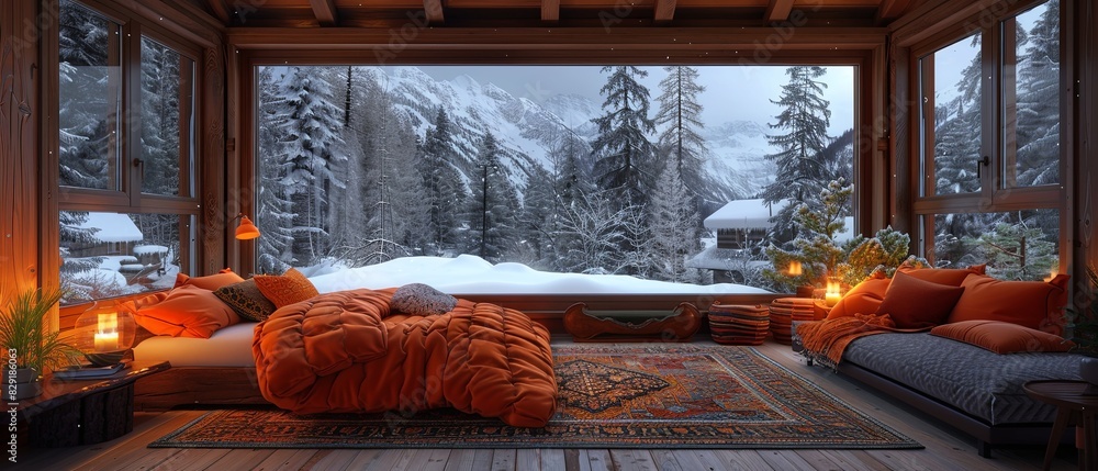 A cozy bedroom with a large window overlooking a snowy mountain