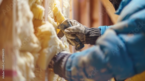 Skilled workers use specialized tools to attach layers of foam insulation to the insides of walls creating an airtight barrier for improved climate control. photo