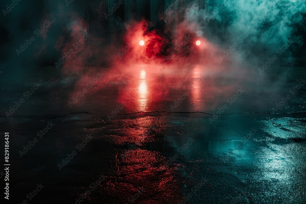 Dark empty street with abstract neon lights smoke and a searchlight reflecting on wet asphalt