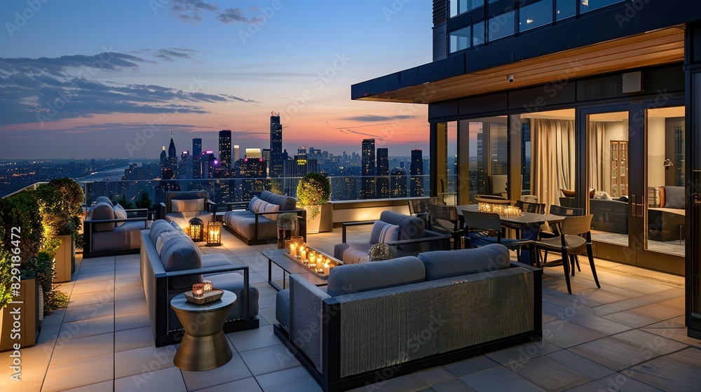 Elegant rooftop terrace with modern outdoor furniture and skyline view at dusk