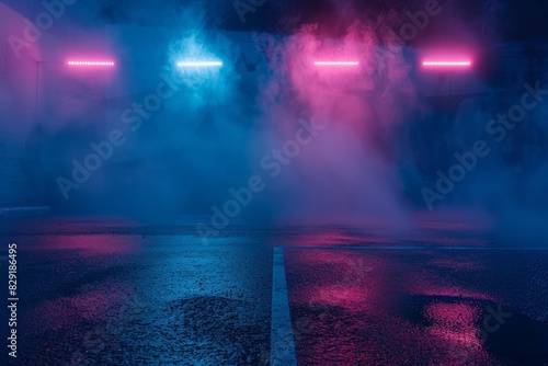 Dark empty street with neon lights smoke night view