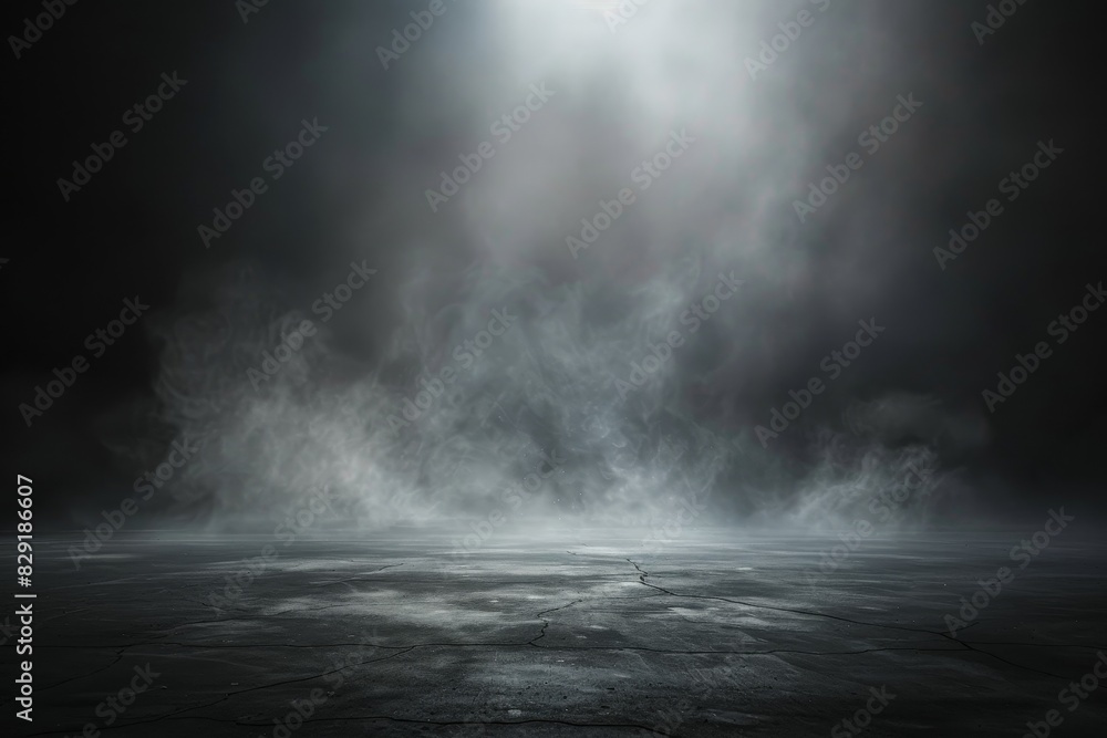 Dark room floor with abstract image for product placement White fog moves on black background