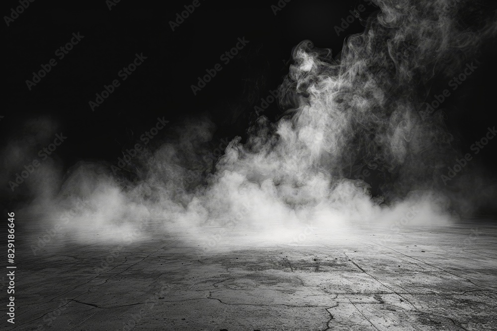 Dark room with concrete floor for product placement with abstract fog moving on black background