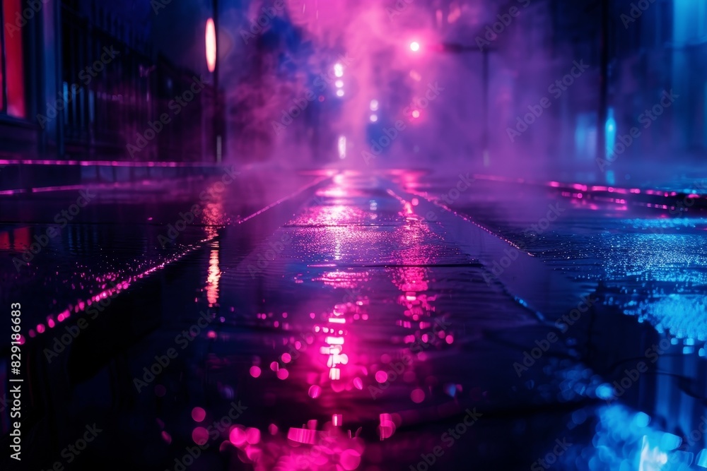 Dark street reflection on wet pavement with neon light smoke Night city abstract spotlight