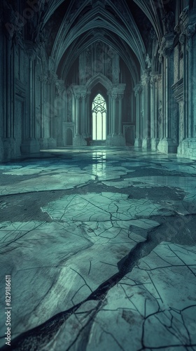 A wide-angle shot capturing the desolation of the empty throne room, its marble floors cracked and worn with age. The air is heavy with the scent of decay, 