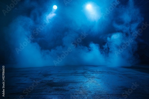 Dark stage with blue background empty scene neon light spotlights asphalt floor studio room with floating smoke for product display