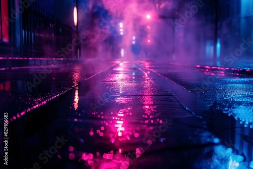 Dark street reflection on wet pavement with neon light smoke Night city abstract spotlight