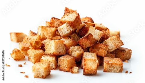 Delicious crispy croutons on a white background