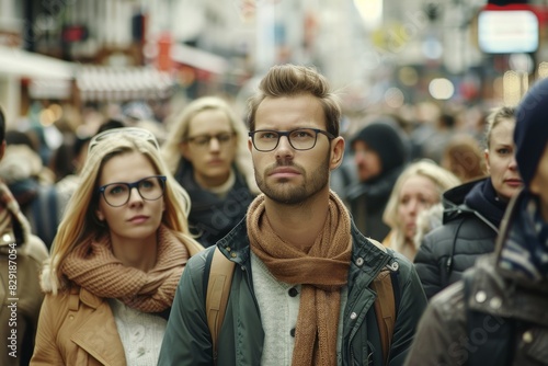 Portrait of a handsome young man in glasses and a scarf on the background of the crowd of people