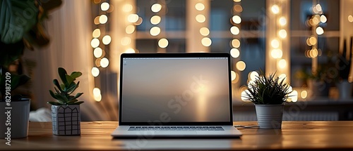 A laptop is open on a table with a potted plant in front of it