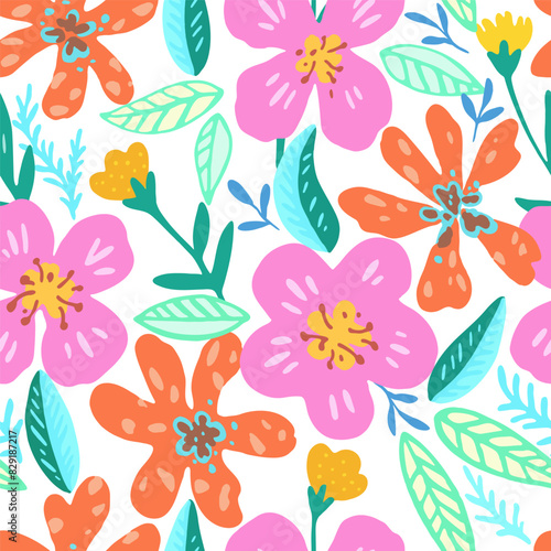Colorful psychedelic tropical seamless pattern with red and orange flowers.