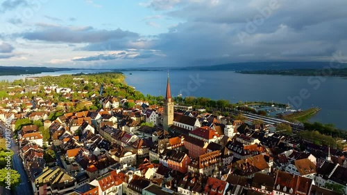 Aerial view of the town of Radolfzell on Lake Constance with the Radolfzell Minster in front of sunset, district of Constance, Baden-Wuerttemberg, Germany, Europe