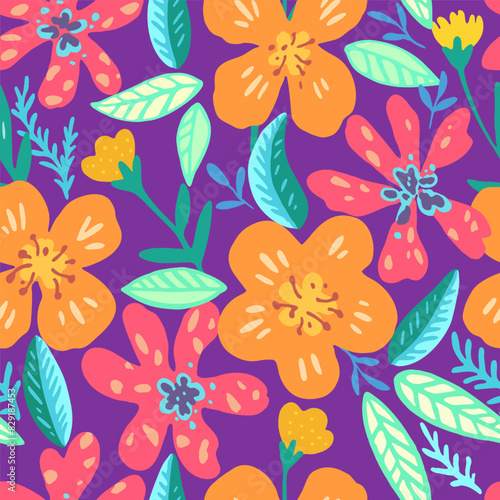 Colorful psychedelic tropical seamless pattern with red and orange flowers.