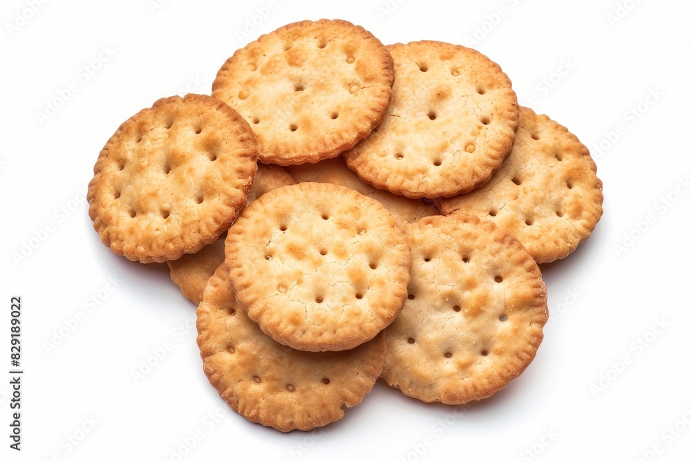 Dry crackers isolated on white background top view food concept Dry crackers isolated on white background top view food concept