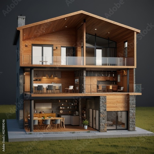 Modern home cross section, 3d rendering minimalist