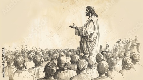 Beatitudes Taught by Jesus on Mount, Large Crowd Listening, Biblical Illustration, Beige Background, Copyspace