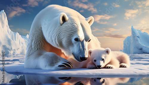 ホッキョクグマ（白熊）の親子、母親がやさしいまなざしで子供を見ている様子