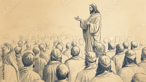 Beatitudes Taught by Jesus on Mount, Large Crowd Listening, Biblical Illustration, Beige Background, Copyspace