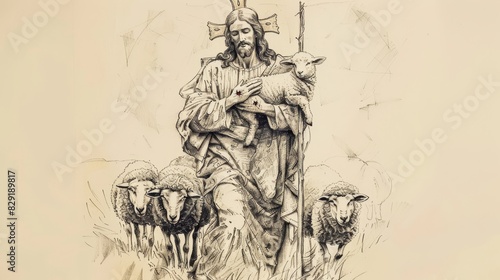 Jesus the Good Shepherd with Lamb and Sheep, Biblical Illustration, Beige Background, Copyspace
