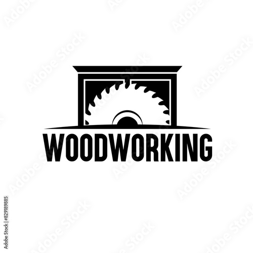 woodworking logo design. circular saw blade and wood cabinet