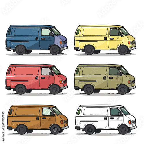 Six vintage vans illustrated various colors, cartoonstyle grungy texture. Distinct vans side view, red, yellow, blue, green, brown, white colors. Oldfashioned vehicles collection isolated white
