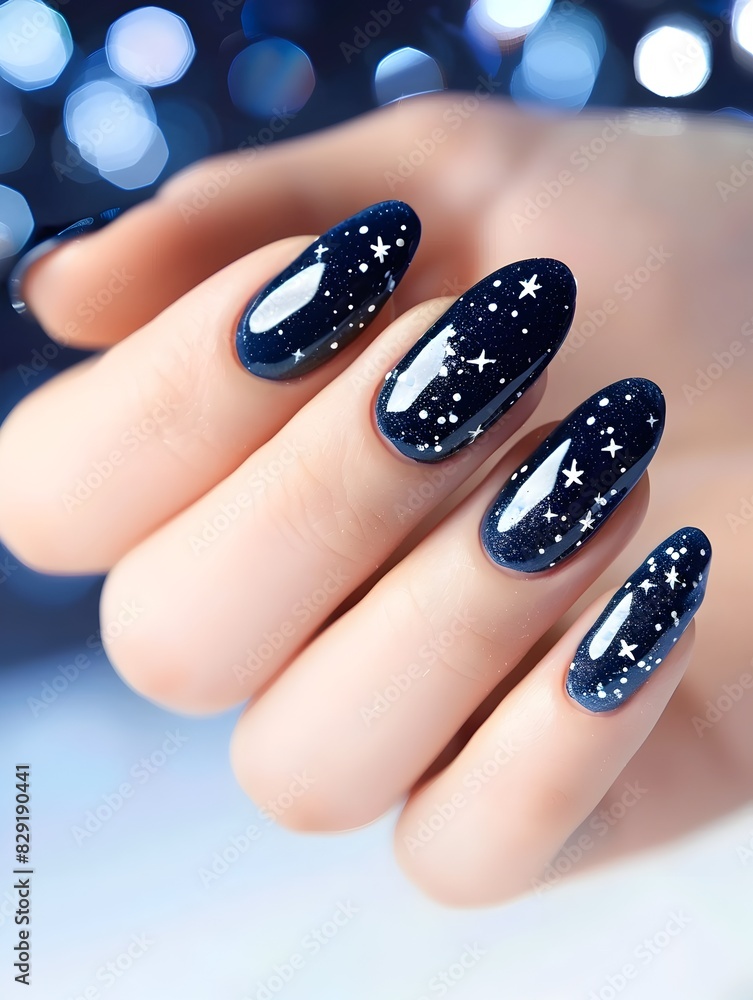 Classic Navy Nails with Tiny White Star Patterns on Elegant Female Hands Classic Navy Nails with Tiny White Star Patterns on Elegant Female Hands