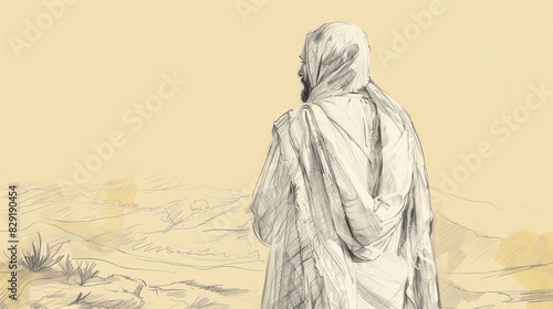 Mount of Olives Scene with Jesus Praying Intensely, Sweat Like Drops of Blood, Disciples Sleeping, Biblical Illustration, Beige Background, Copyspace