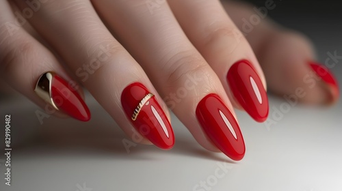 Closeup of Perfectly Manicured Nails with Vibrant Red Polish and Gleaming Gold Accents