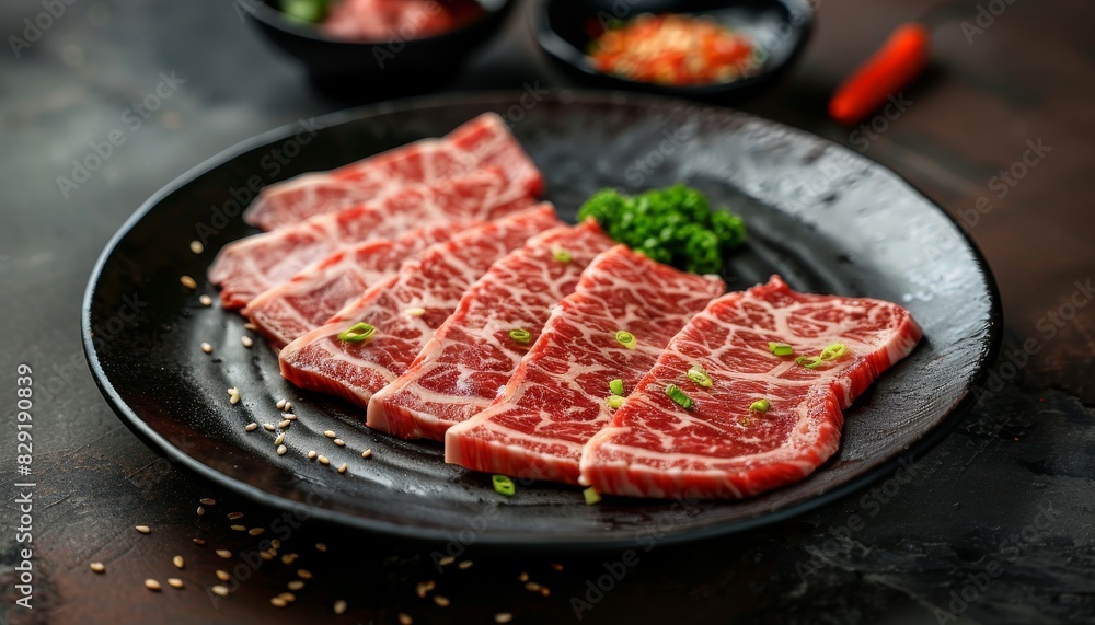 High quality wagyu beef A5 steak on a black plate for yakiniku in the style of Japanese cuisine