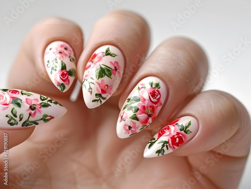 Delicate Floral Nail Art with Intricate Pastel Rose and Leaf Design on White Background
