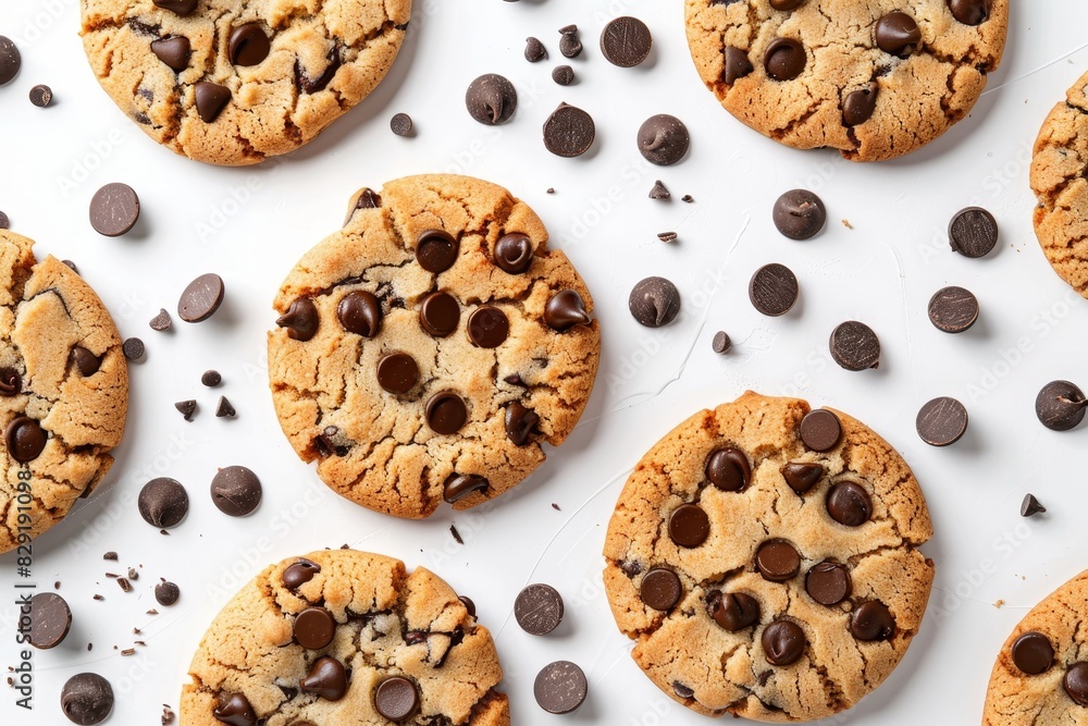 Homemade chocolate chip cookies from above on white background Homemade chocolate chip cookies from above on white background