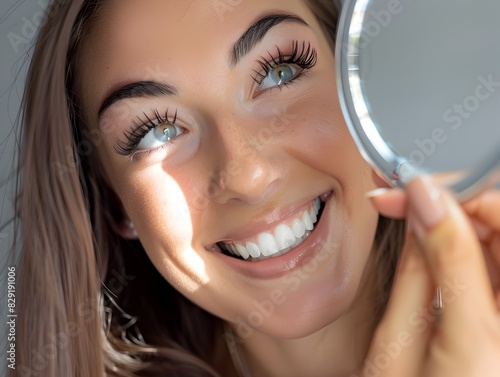 Delighted Woman Admiring Her New Eyelash Enhancements in a Hand Mirror