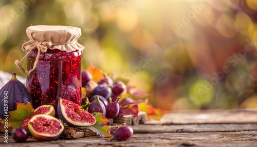 Homemade autumn fig jam in a small jar made with fresh fruits and displayed on a wooden table during fall preparations Copy space available