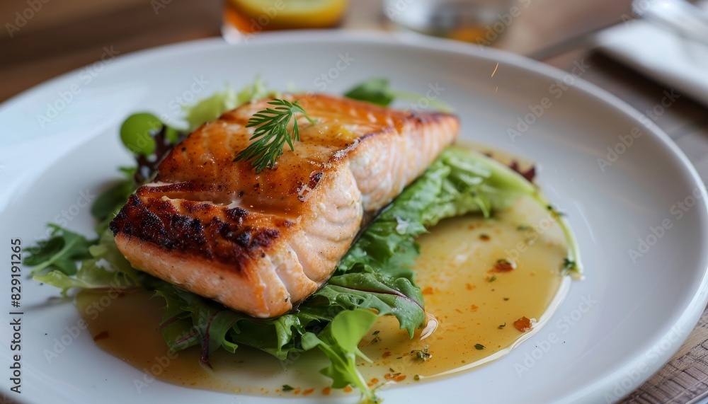Honey glazed grilled salmon on lambs lettuce Honey glazed grilled salmon on lambs lettuce