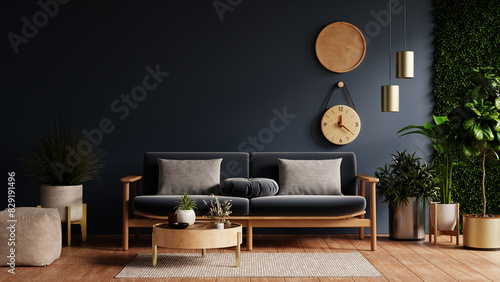 Modern interior of living room with sofa on wood flooring and dark blue wall- 3D rendering