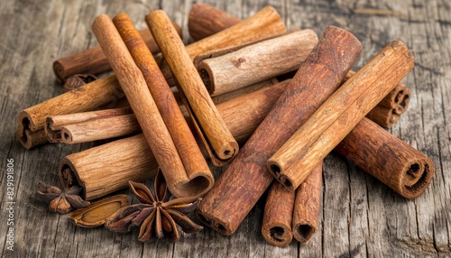 Identifying cinnamon or cassia spices Whole stick spices on wooden background Coumarin s effects photo