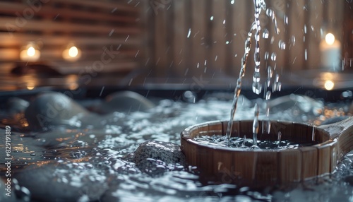 Illustration of sauna accessories in a concept image depicting the use of a spoon to pour water on hot stones in a Finnish sauna spa and warm temperature thera photo