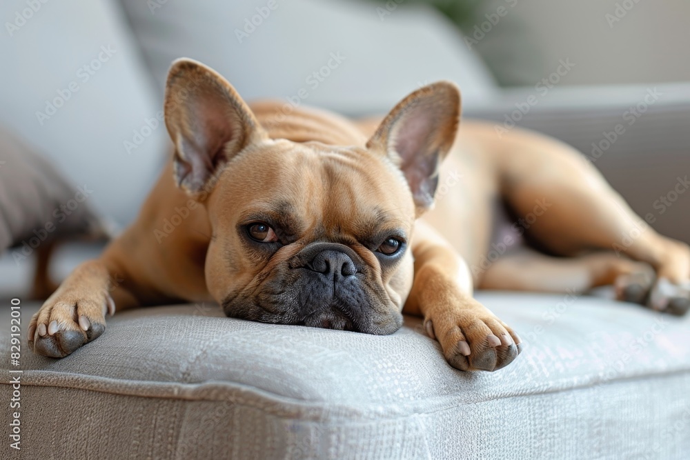 Indoor French bulldog lounging on its back