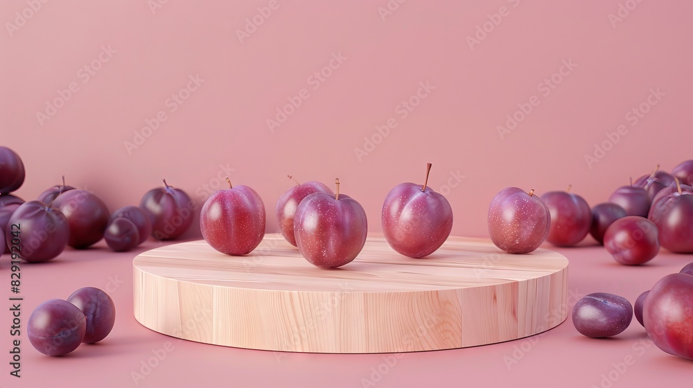 Minimal wooden pedestal for product presentation in pastel background, plums fruit around Minimal wooden pedestal for product presentation in pastel background, plums fruit around