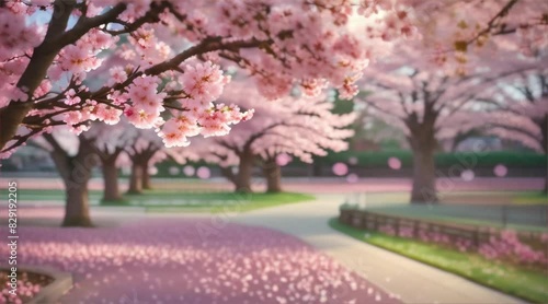 Blurred particles mimicking falling cherry blossom petals, creating a fresh and vibrant spring atmosphere.