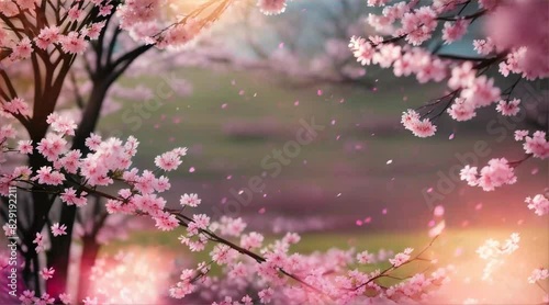 Blurred particles mimicking falling cherry blossom petals, creating a fresh and vibrant spring atmosphere.
