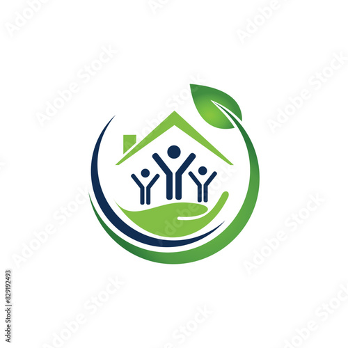 Happy family care logo. Health medical symbol with home,  circle leaf, hand and person. Vector icon illustration. Charity child wellness love design template. Medicine clinic in hospital