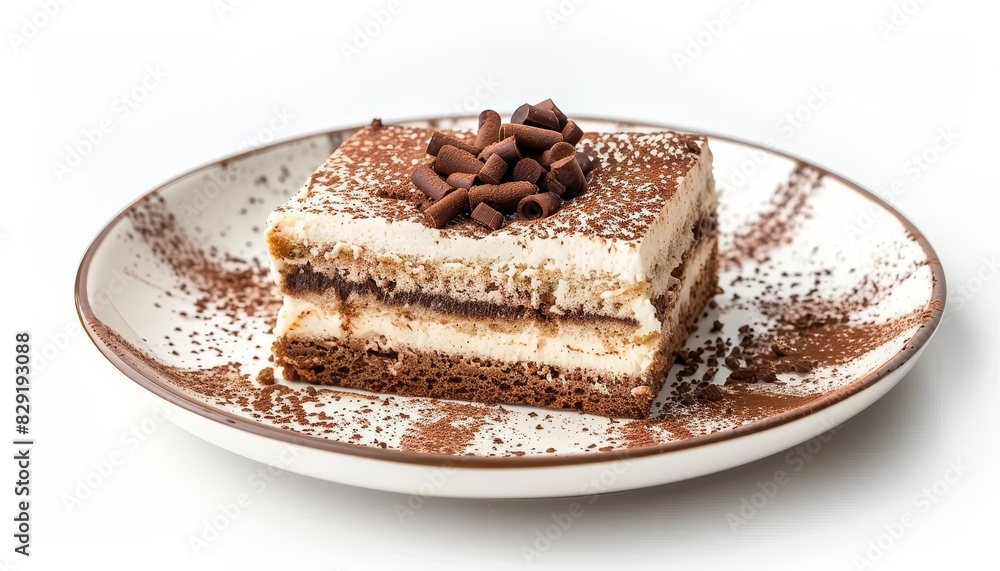 Isolated tiramisu cake on white plate Isolated tiramisu cake on white plate